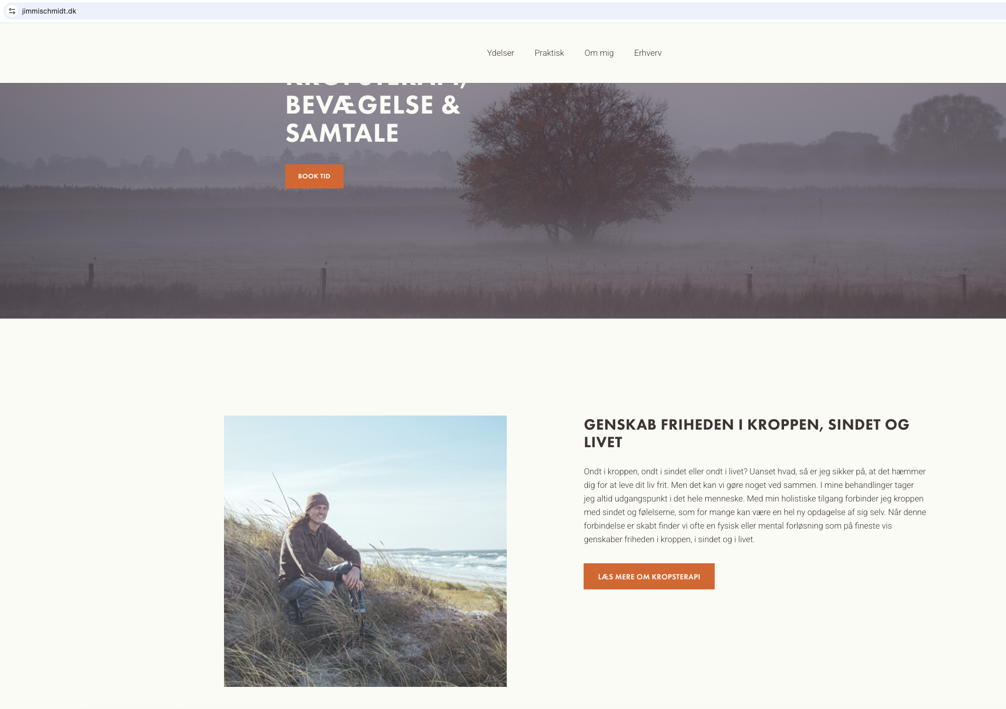 A website homepage with a background image of a foggy field with a large tree. The page includes a navigation menu at the top, a prominent text overlay with a call-to-action button, a section with an image of a smiling person by the seaside, and text discussing body, mind, and life balance.