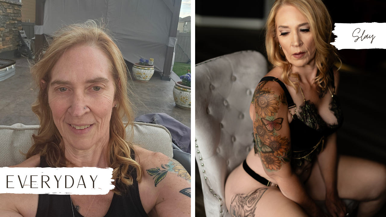 Comparison of a woman with light hair and tattoos in casual outdoor setting on the left, and the same woman with styled hair, makeup, and tattoos in a black lingerie outfit sitting on a chair indoors on the right, labeled 'Everyday' and 'Slay' respec