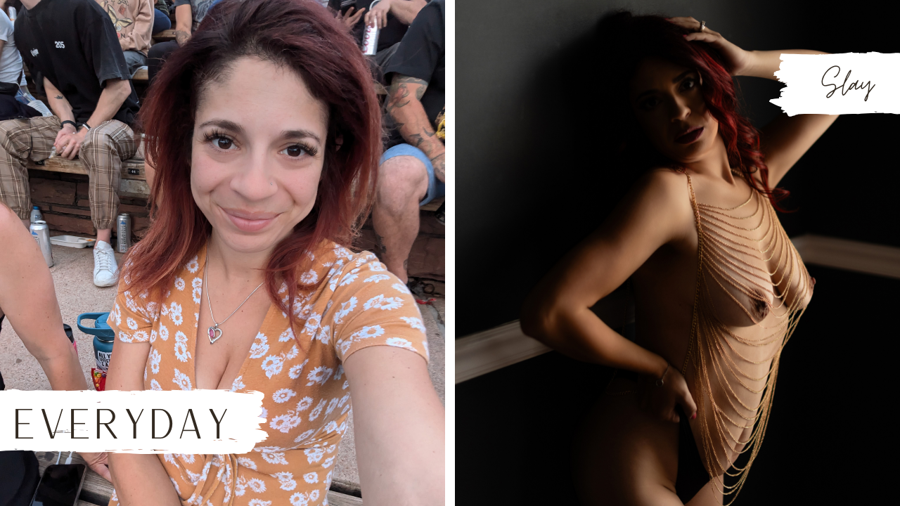 Comparison of two photos of the same woman: the left image is a casual outdoor selfie labeled 'Everyday,' with the woman smiling and wearing a yellow floral dress, and the right image is a dark, artistic shot labeled 'Slay,' showing her in a gold cha