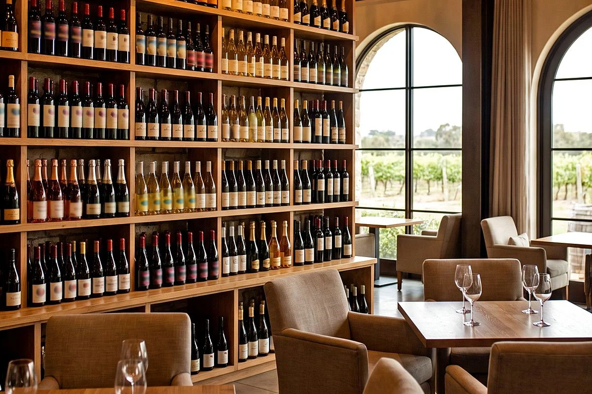 A wall of wine bottles inside a winery tasting room.