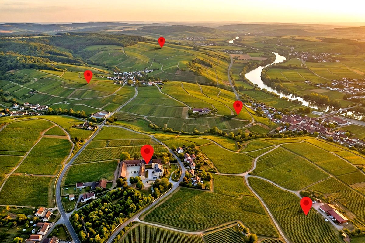 Aerial view of wine country with location markers on wineries.
