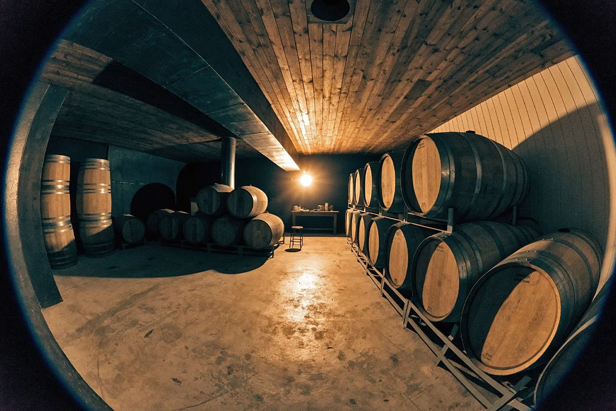 A winery barrel room.