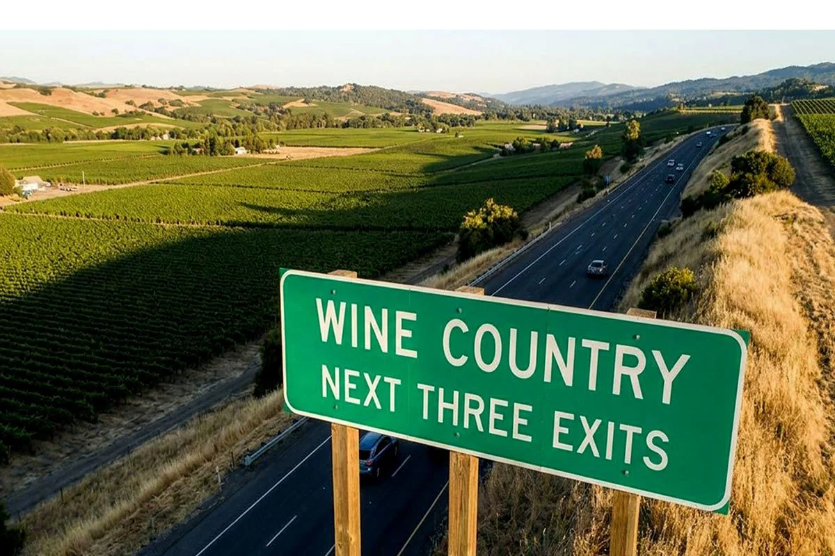 Wine Country highway exit sign.