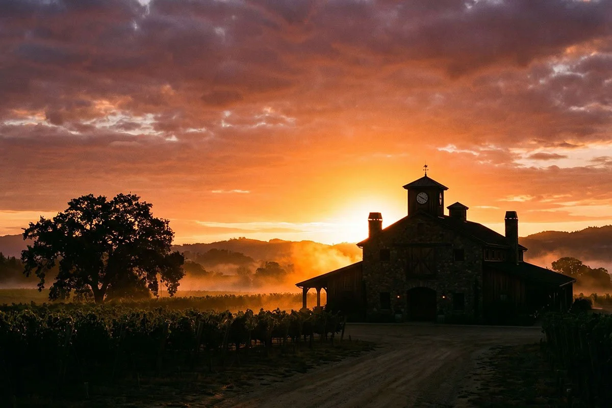 Silhouette of a winery building at sunrise.
