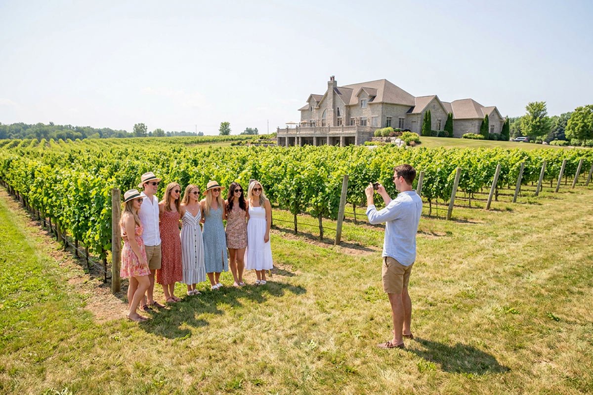 Taking a group photo at a Niagara winery.