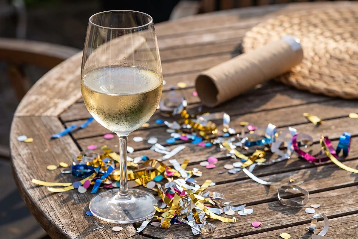 White wine glass surrounded by confetti.