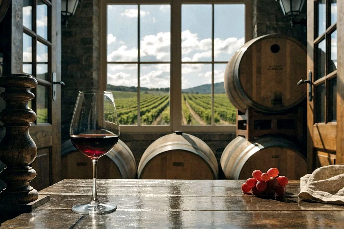Winery barrel room with a window.