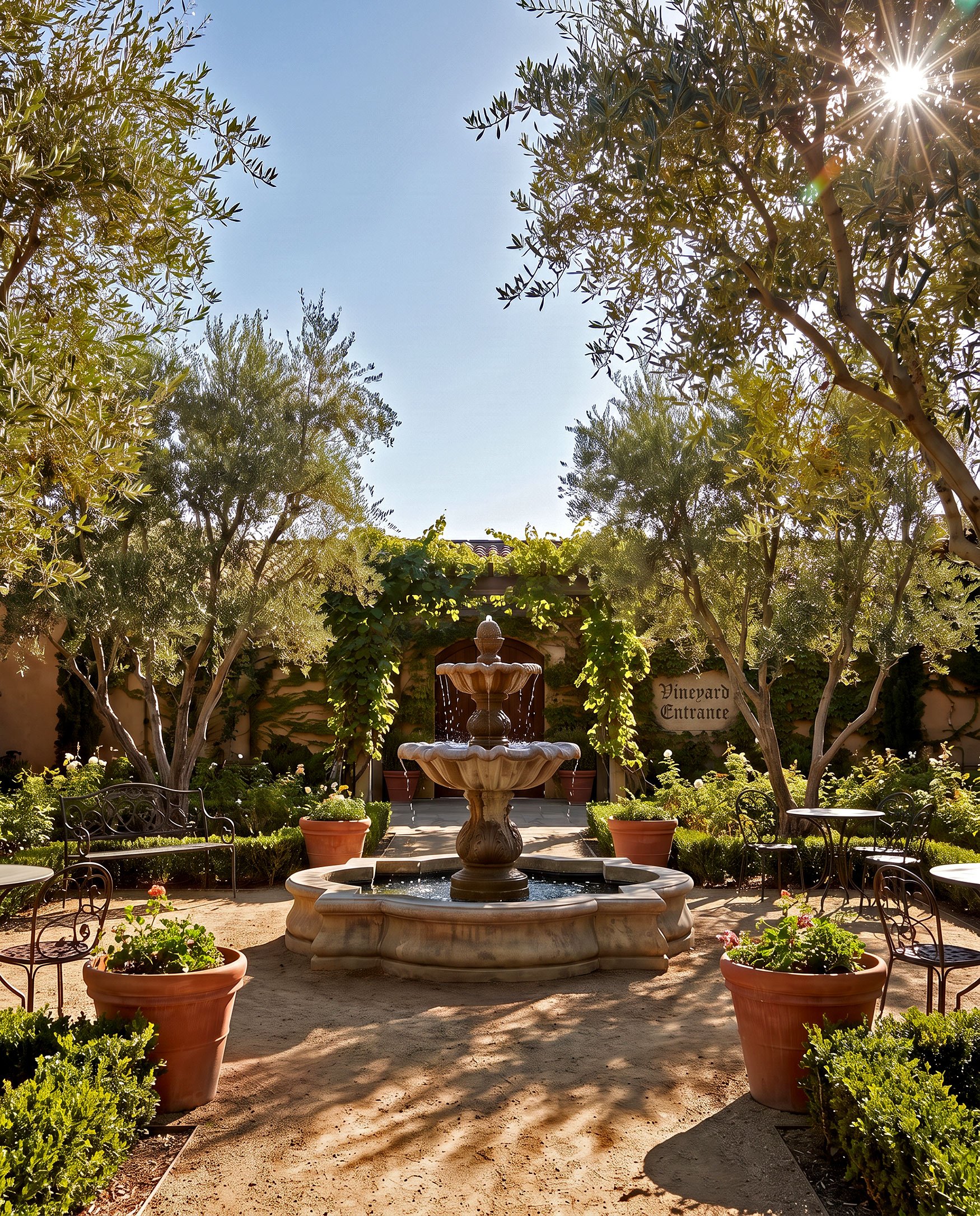 Outdoor fountain at a winery.