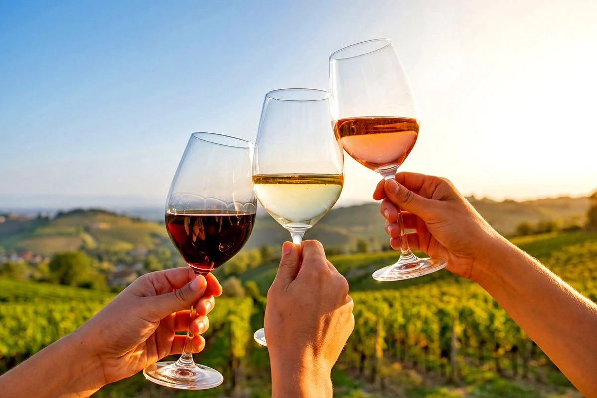 Hands holding wine glasses in the air.