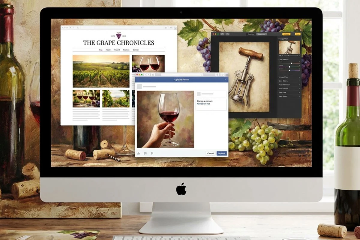 iMac screen with wine-themed windows open.