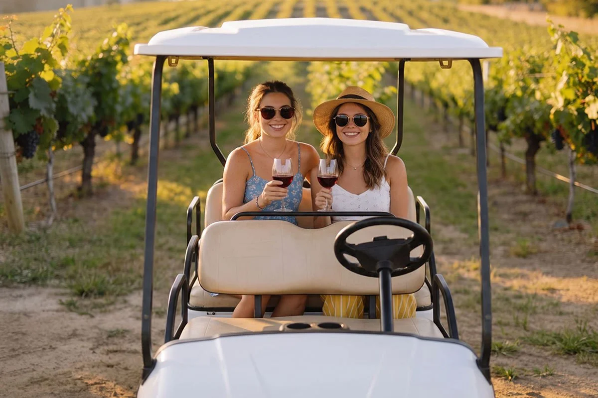 Young wine drinkers in a winery golf cart.