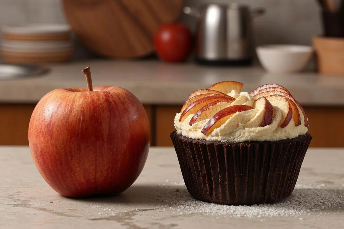 A plain apple and a fancy apple cupcake.
