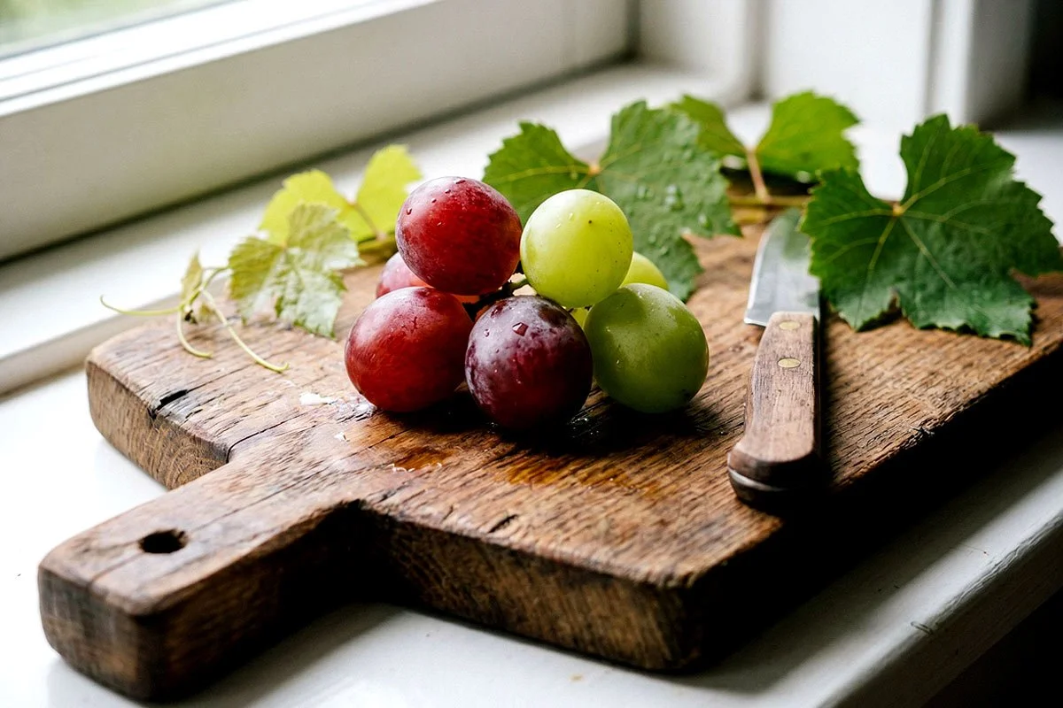 Five grapes on a cutting board.
