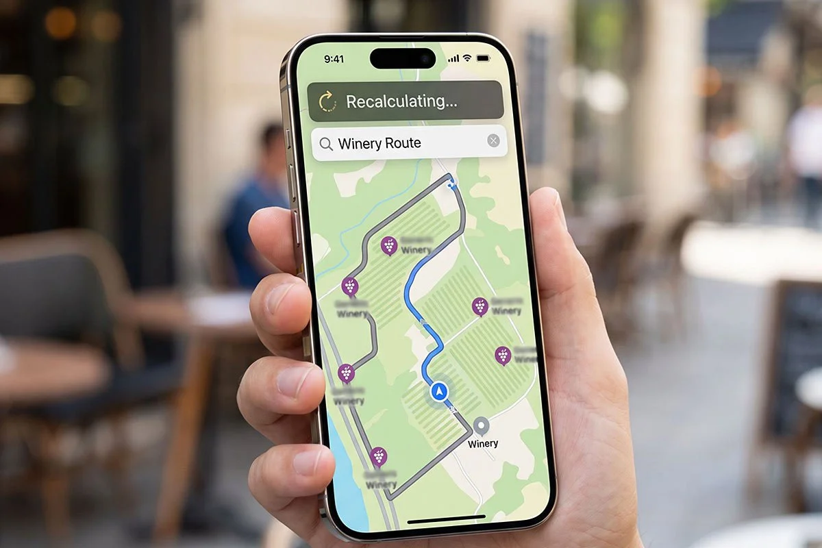 Phone winery route recalculating.