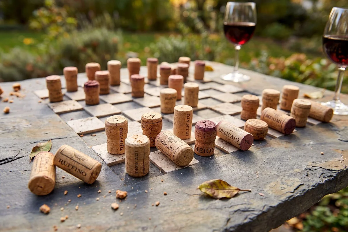 Table view of checkerboard with wine corks.