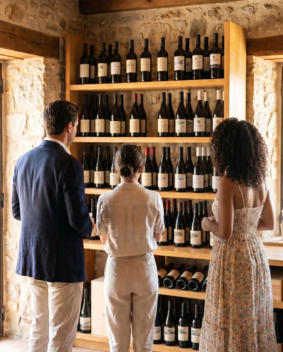 Tourists in a winery wine shop.