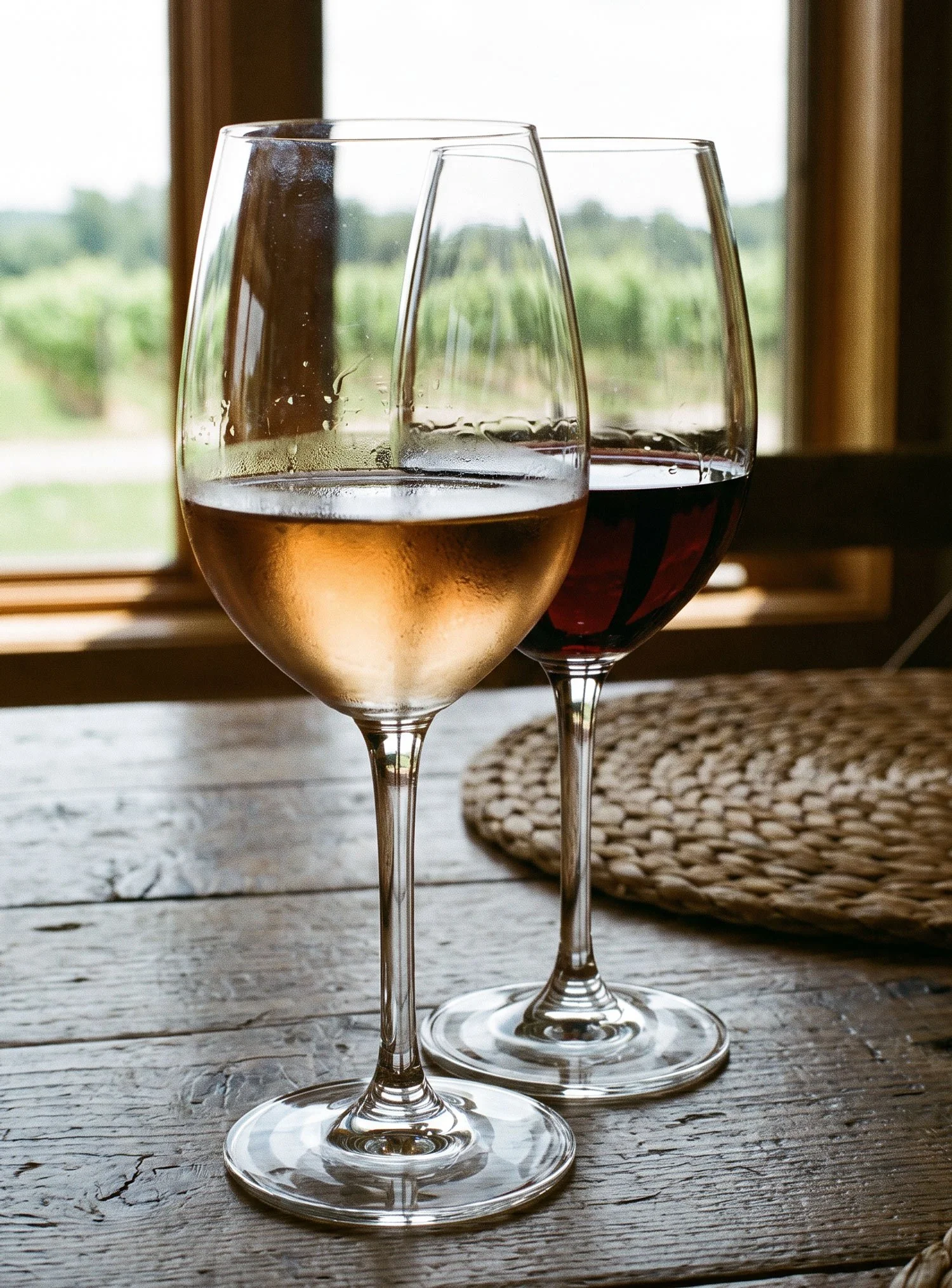Red and white wine in glasses.