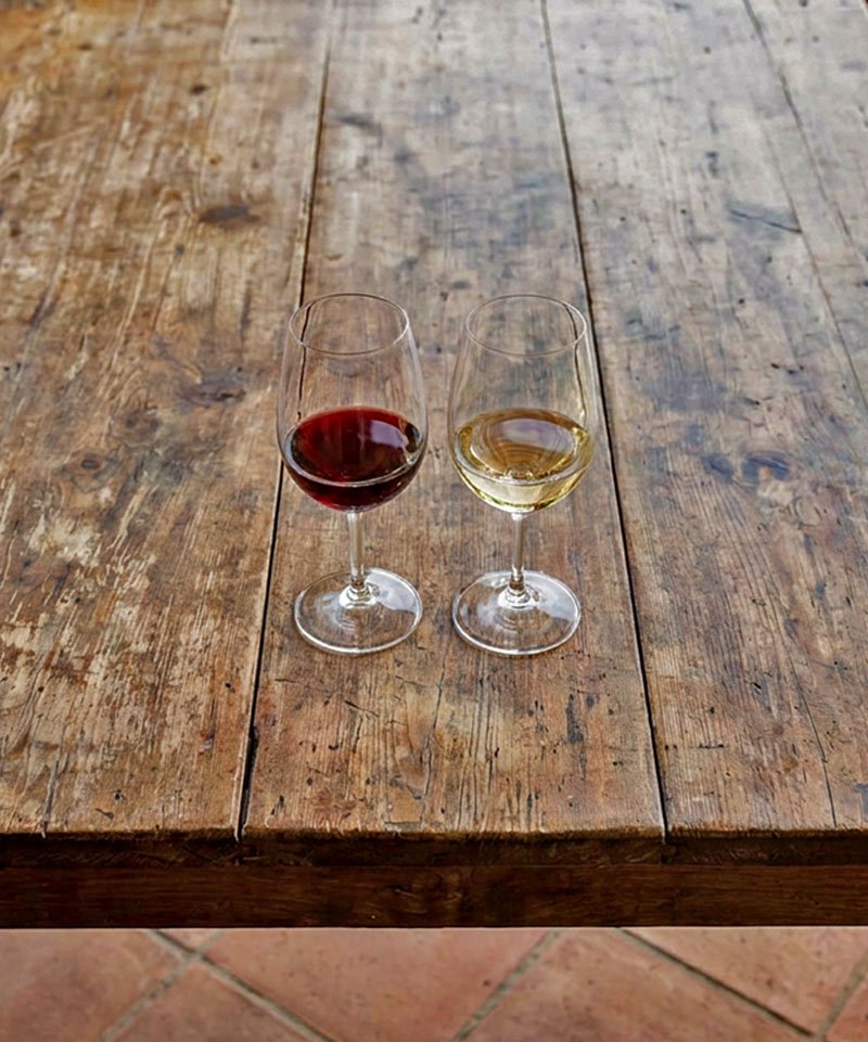 Wine glasses on a table.