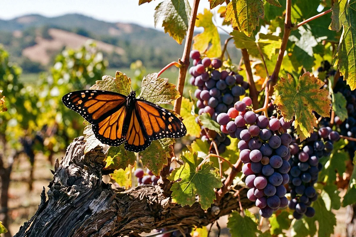 Monarch butterfly on a grapevine.
