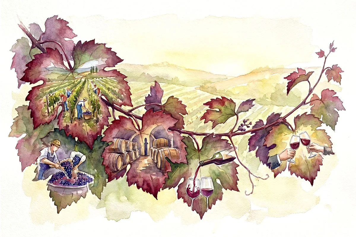 Grapevine story watercolour.