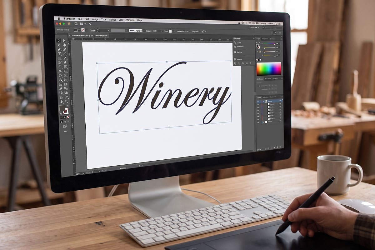 Winery sign being designed on a computer.