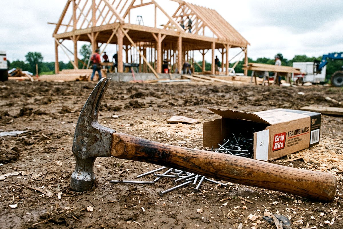 Hammer and nails at a winery construction site.