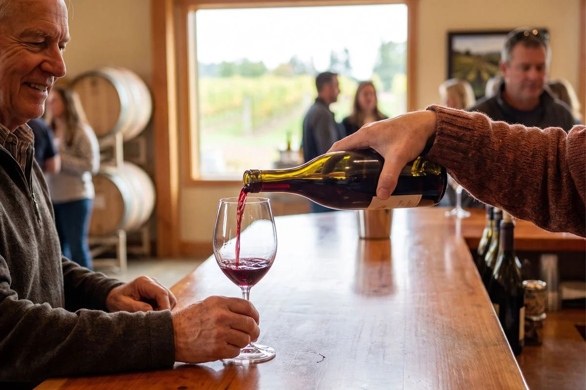 Winery tasting room pouring a glass.