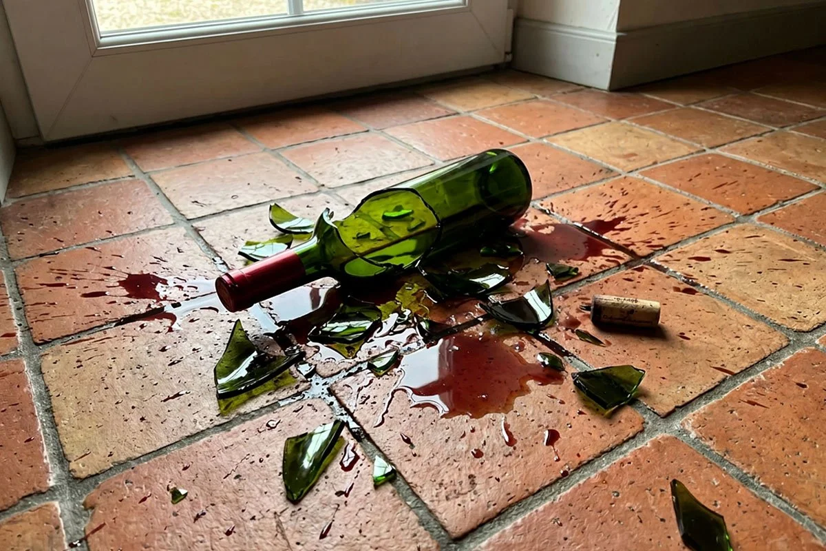 A broken wine bottle on the floor.
