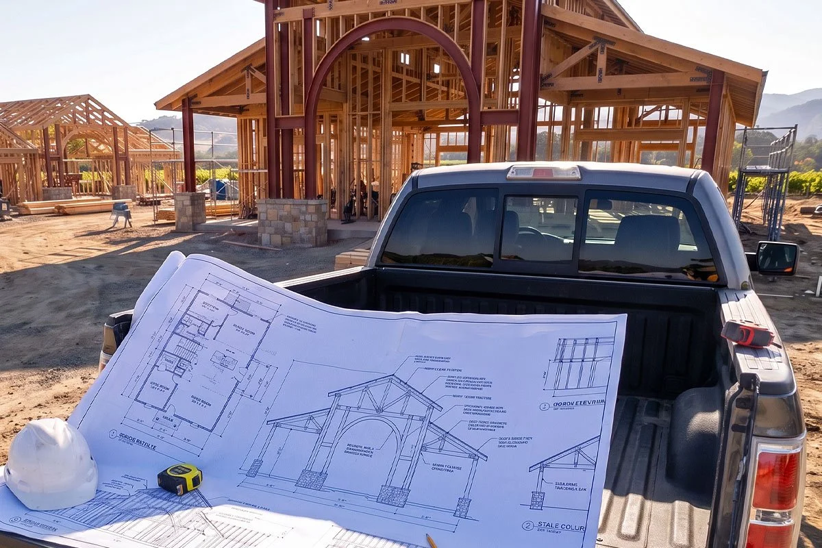 Winery building blueprints on a pickup truck.