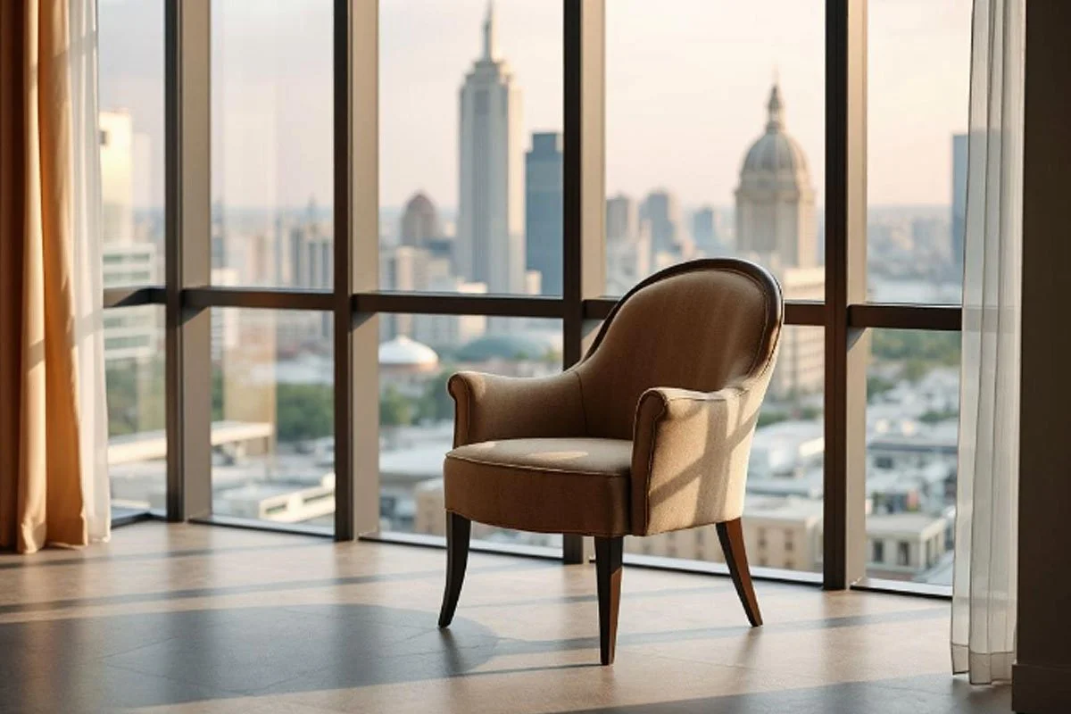 A chair with a city view.