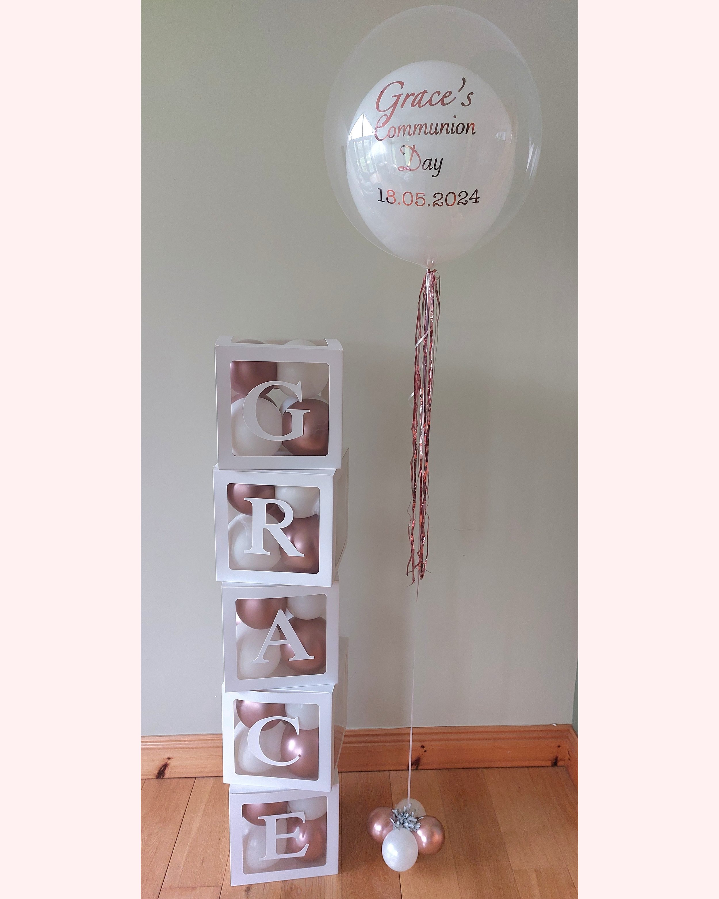 ITEM #35
Large personalised helium filled balloon with white inner balloon. €25. Custom letter boxes filled with matching balloons. €10 per box.