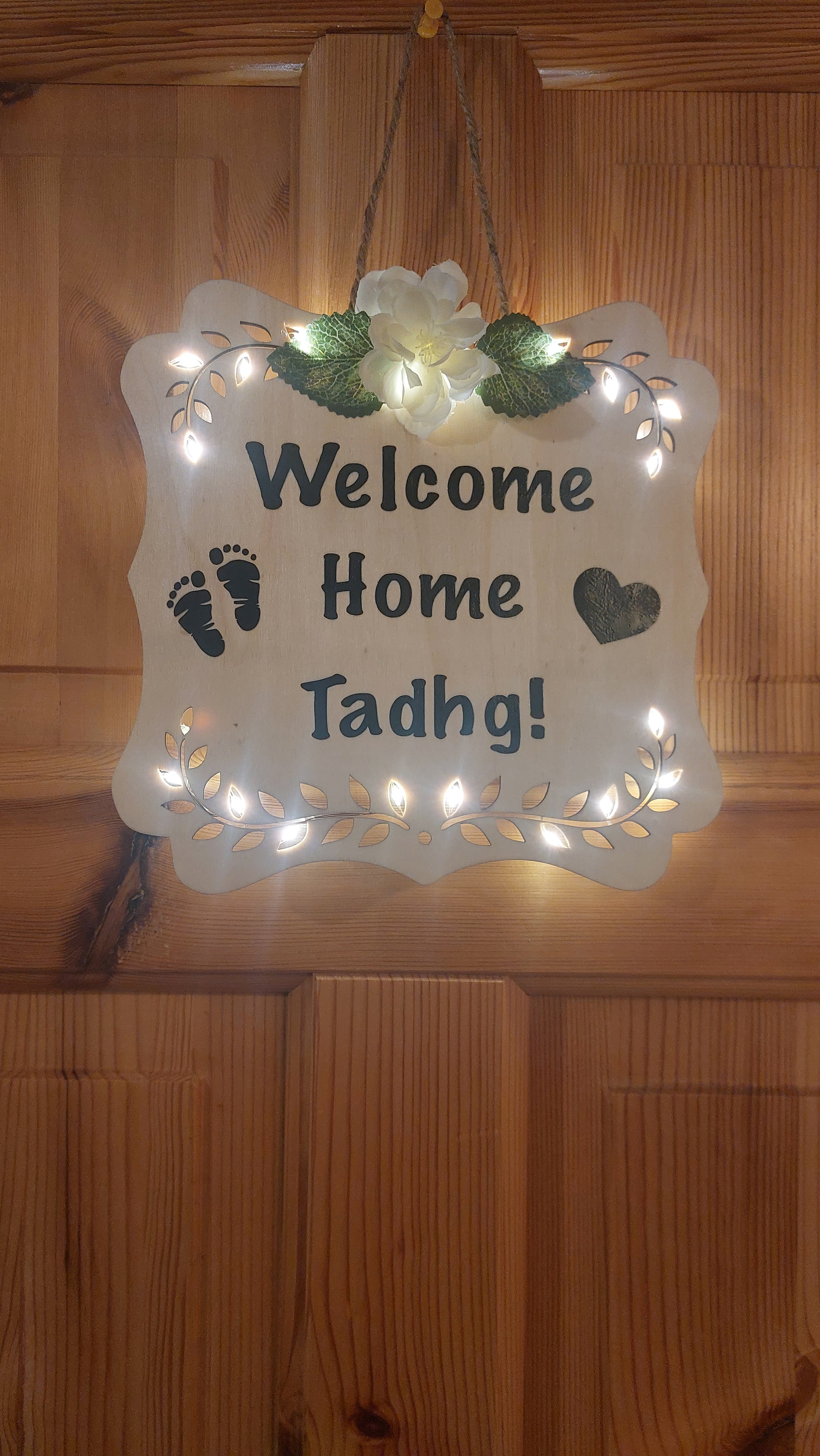 ITEM #72
€35
Personalised wooden sign for home comings of babies (Light up).