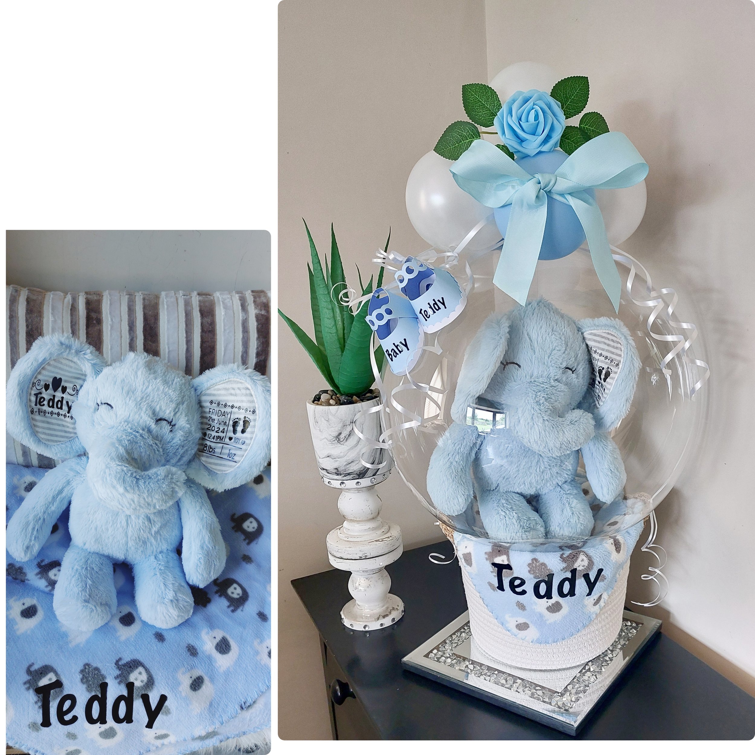 ITEM #7
€58
Bubble balloon basket with personalised fleece blanket blanket and teddy with roses, ribbon and personalised mini shoes (Blue).