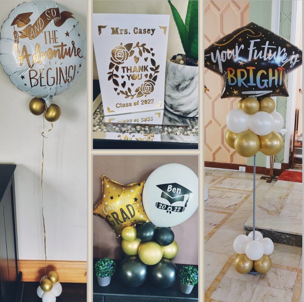 Collage of graduation products.