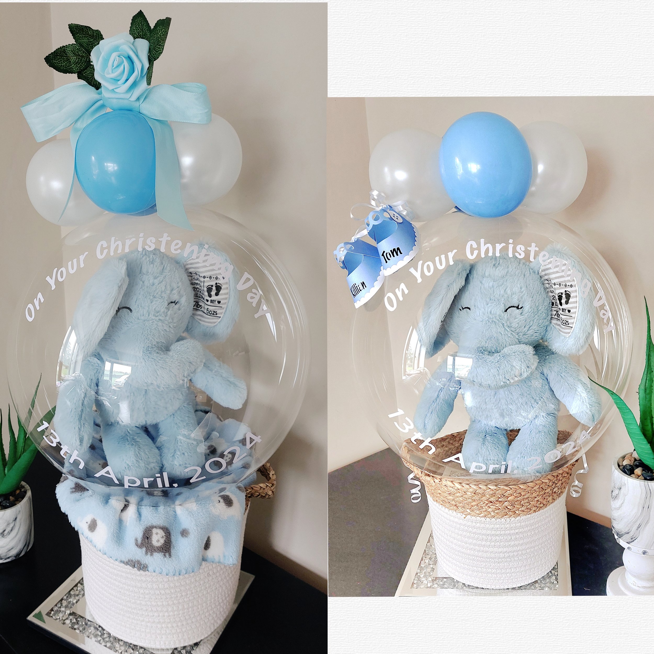 ITEM #15
€58 (left side) €45 (right side)
Personalised bubble balloon basket with baby blanket and teddy (Personalised) with mini balloons and roses OR Personalised bubble balloon basket with personalised teddy with mini balloons and mini shoes.