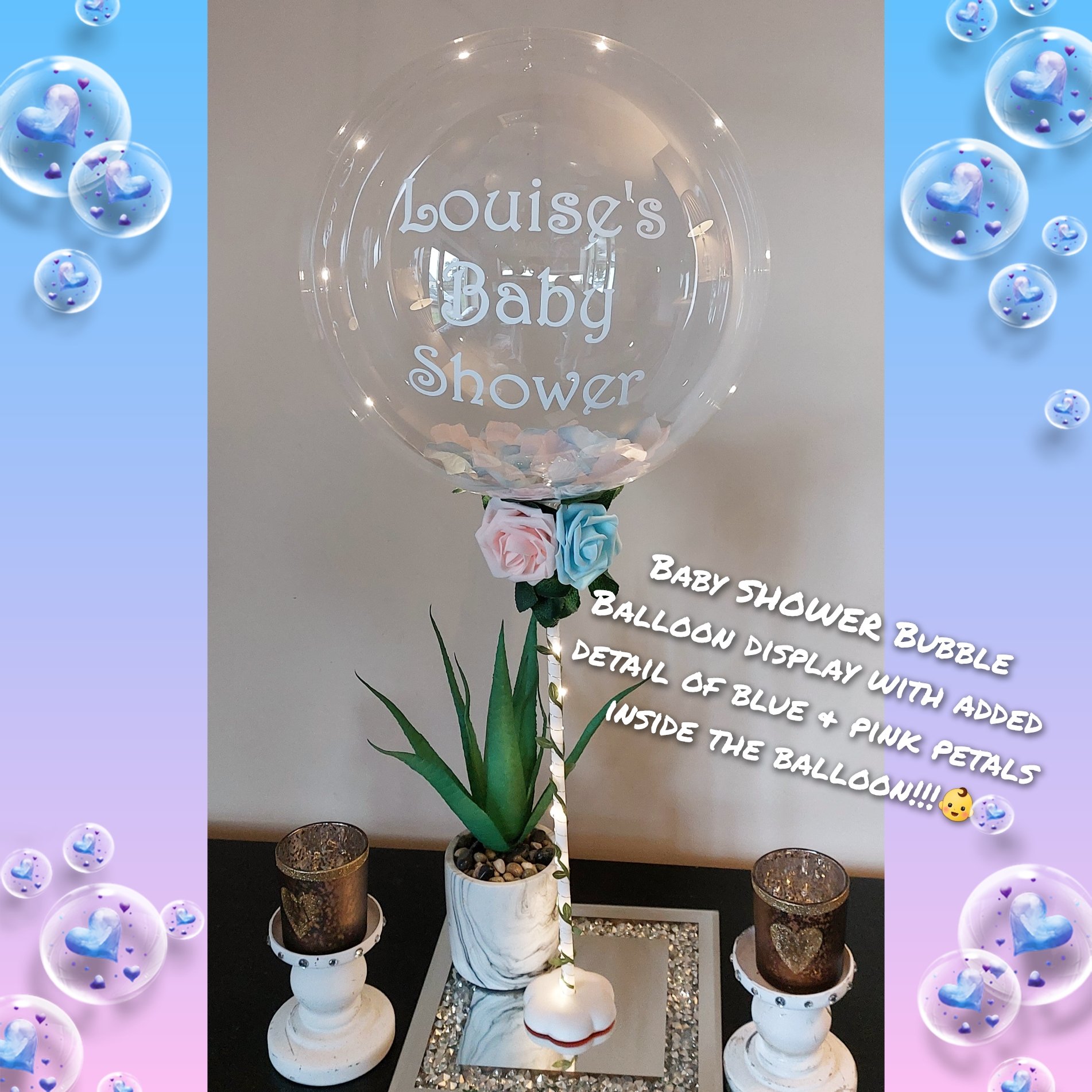 ITEM #70
€24
Personalised Baby Shower light up bubble balloon with pink and blue petals inside the bubble balloon with pink and blue roses.