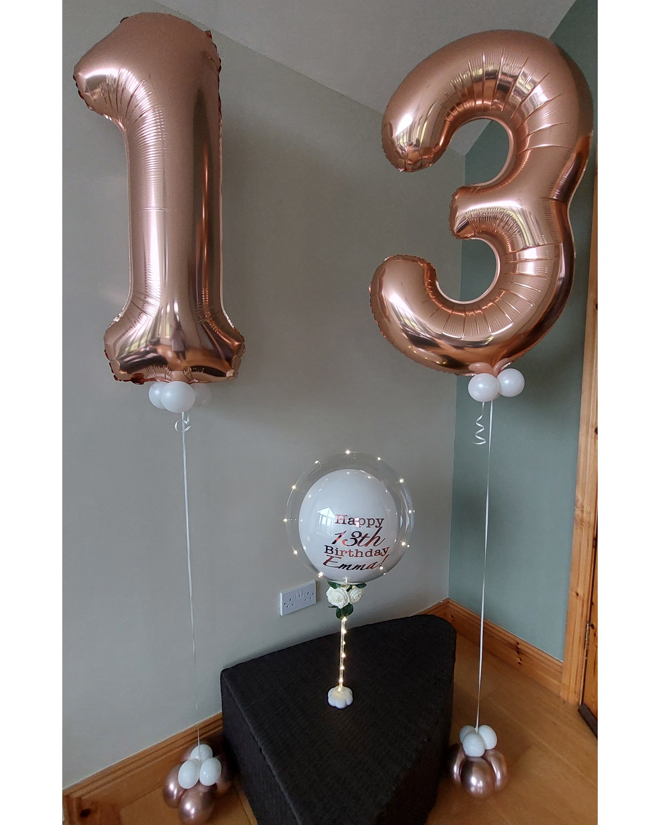 ITEM #29
€28 for bubble balloon and €12.50 per number balloon.
13th birthday balloon set including helium filled number balloons and a personalised bubble balloon.