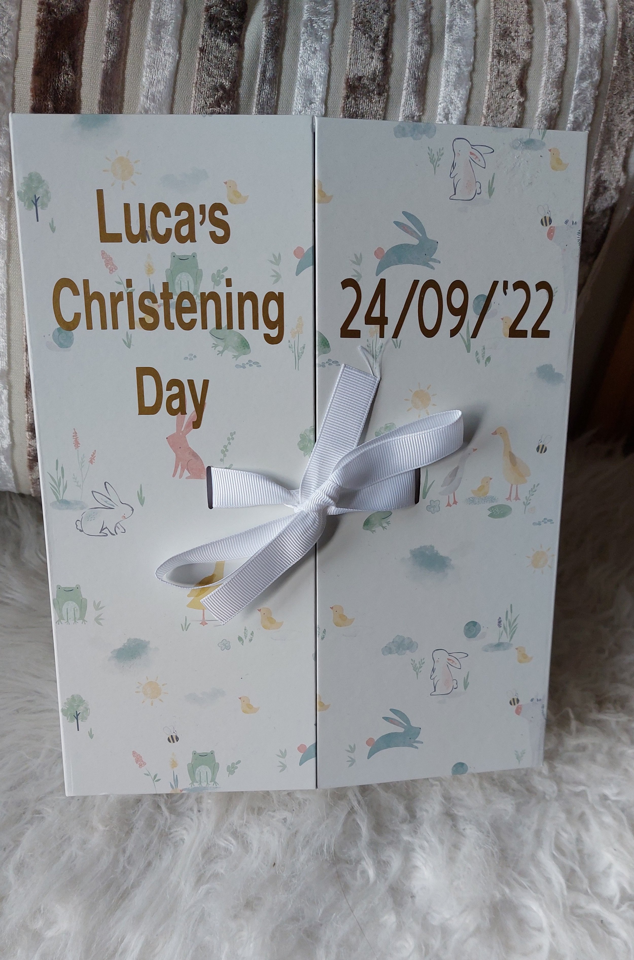 ITEM #81
€14 for box (contents cost extra)
Personalised Christening box with customizable fillings.