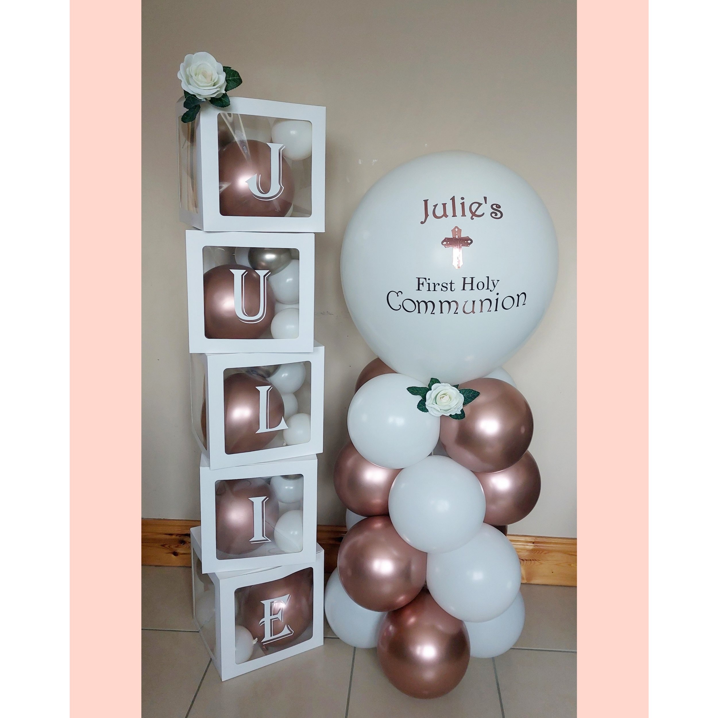 ITEM #45
SPECIAL DEAL , Enquire for price
Personalised Communion column (4ft), with custom boxes filled with balloons.