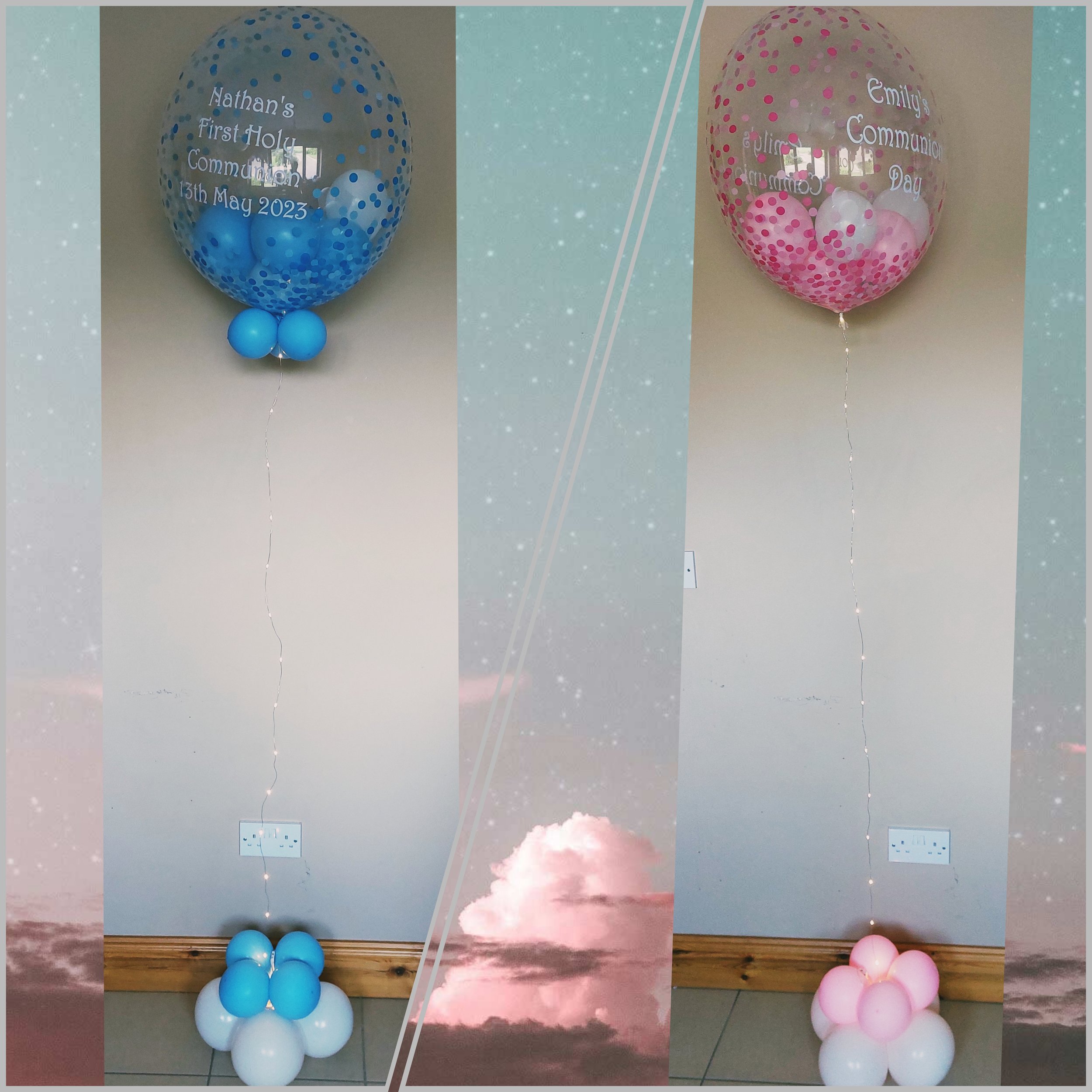 ITEM #25
€35 each
Personalised helium filled balloon filled with matching balloons (Pink & Blue).