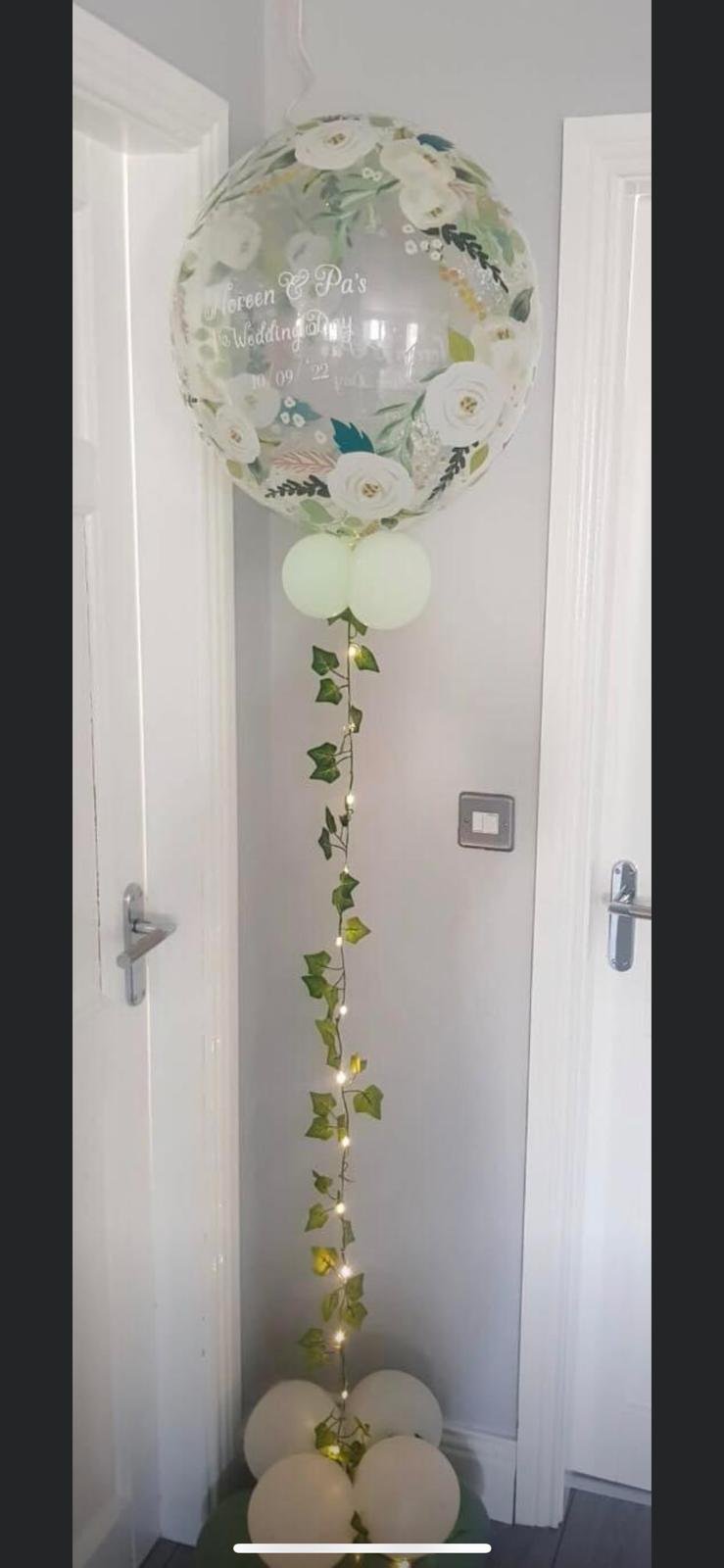 ITEM #22
€30
Personalised Wedding day helium filled bubble balloon with lights and ivy.