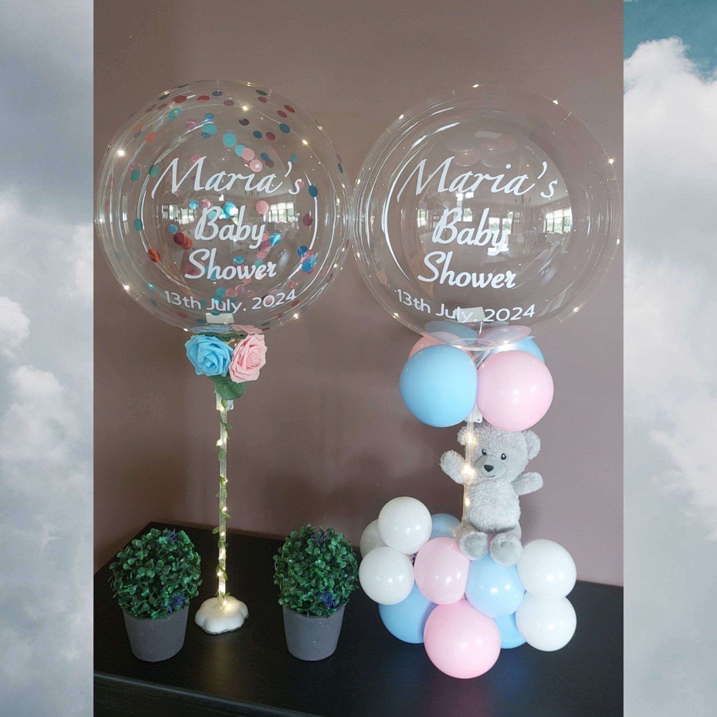 ITEM #49
€26 (left side) €35 (right side)
Personalised light up bubble balloons one with rose and the other with mini balloons and a teddy. (Pink & Blue).