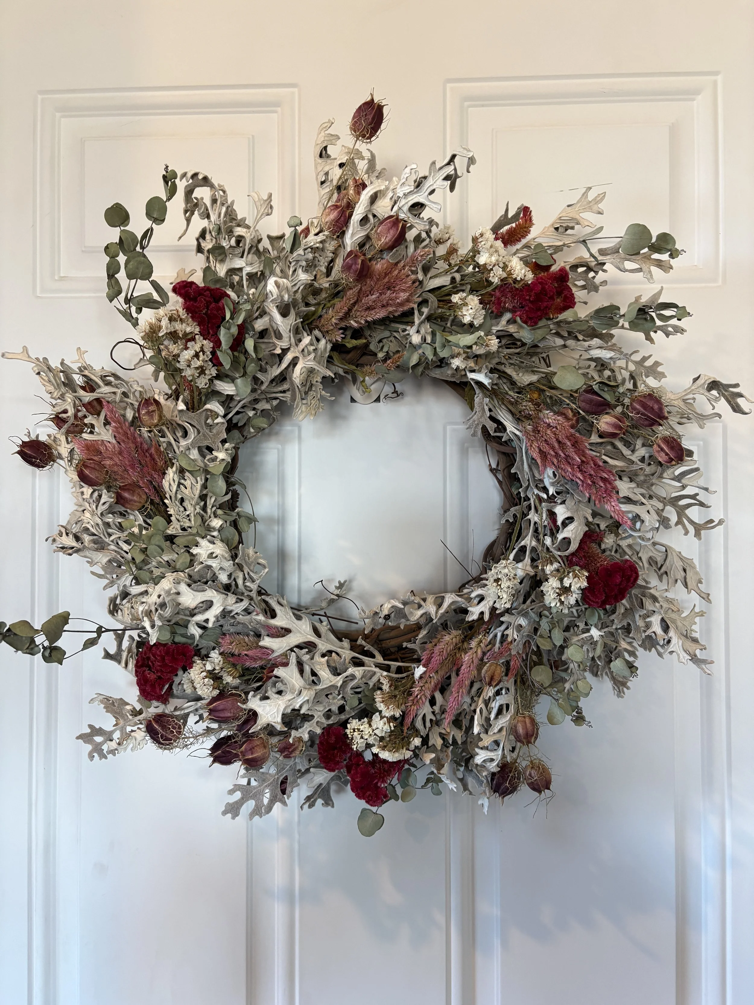 Elegant Dried Flower wreath with pinks and purples