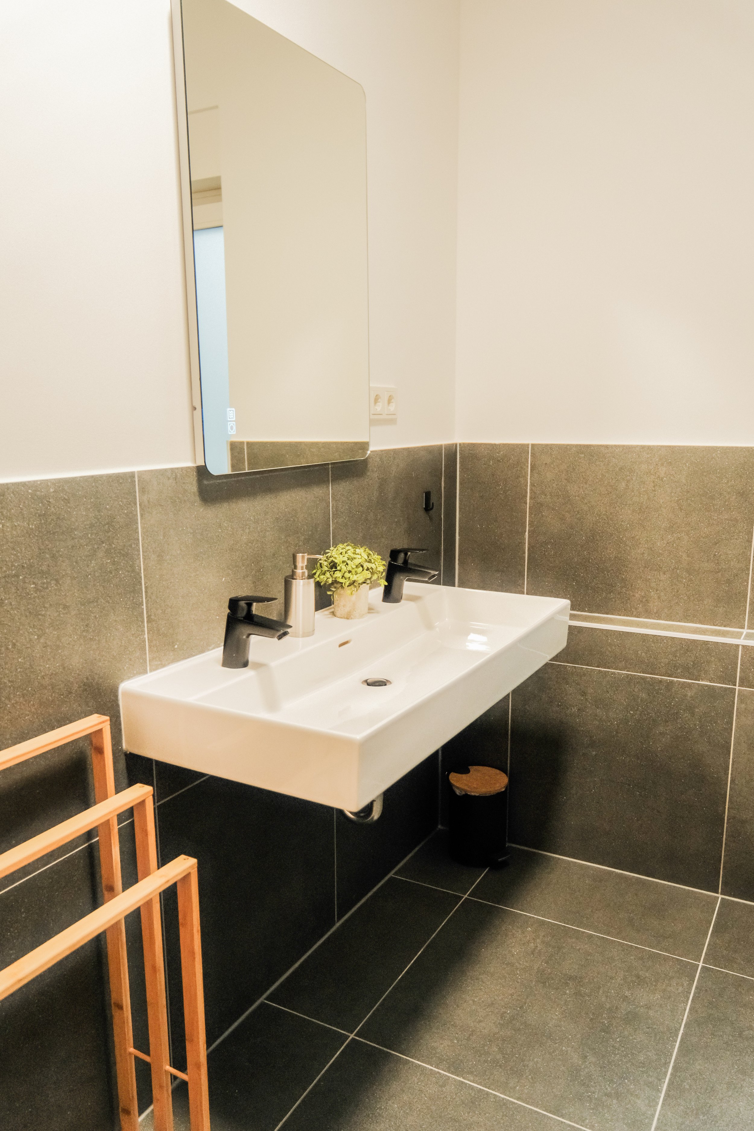 Modernes Badezimmer mit weißem Waschbecken, schwarzem Wasserhahn, großem Spiegel, grüner Pflanze, Seifenspender und Handtuchhalter aus Holz.