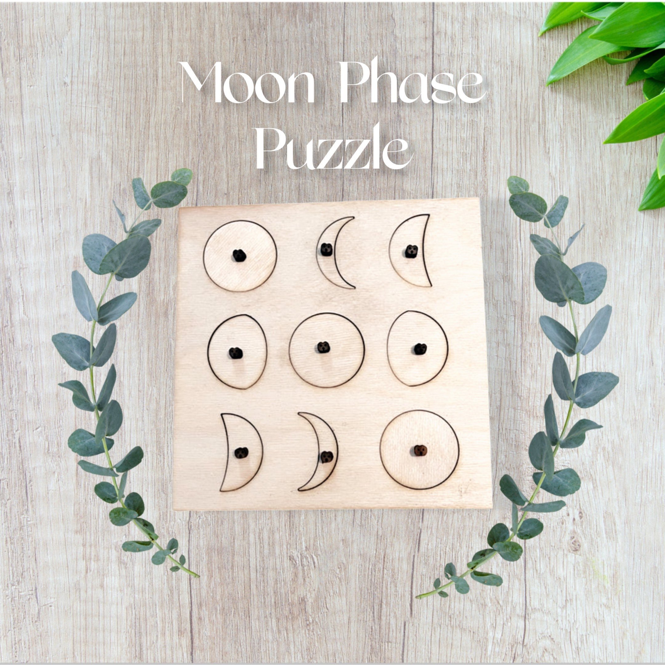 Wood Moon Phase Puzzle With Owl Pulls| Modern Montessori Learning Tool| Space Puzzle