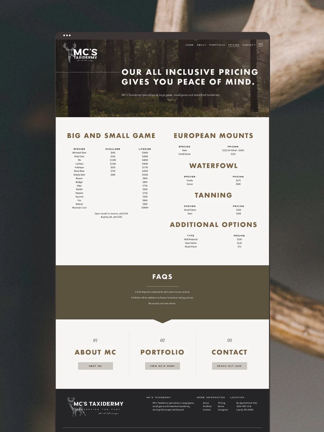 Website for MCs Taxidermy listing services and prices, with sections for game, mounts, tanning, options, FAQs, and contact info.