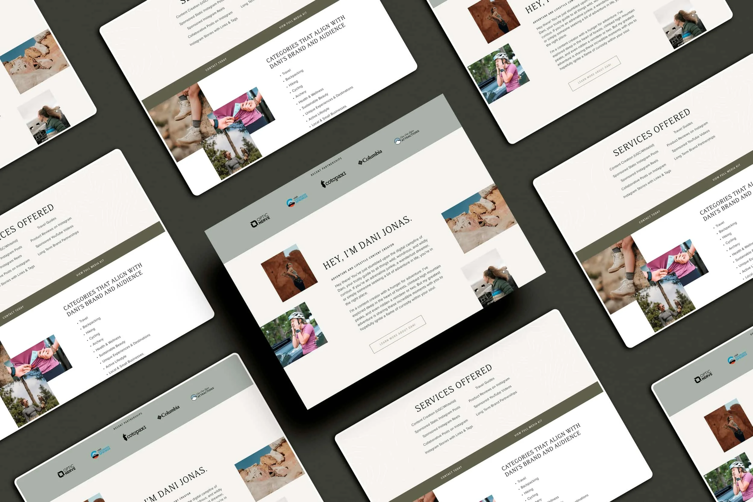 Overlapping website mockups featuring service listings, images, and a profile intro on a neutral background.