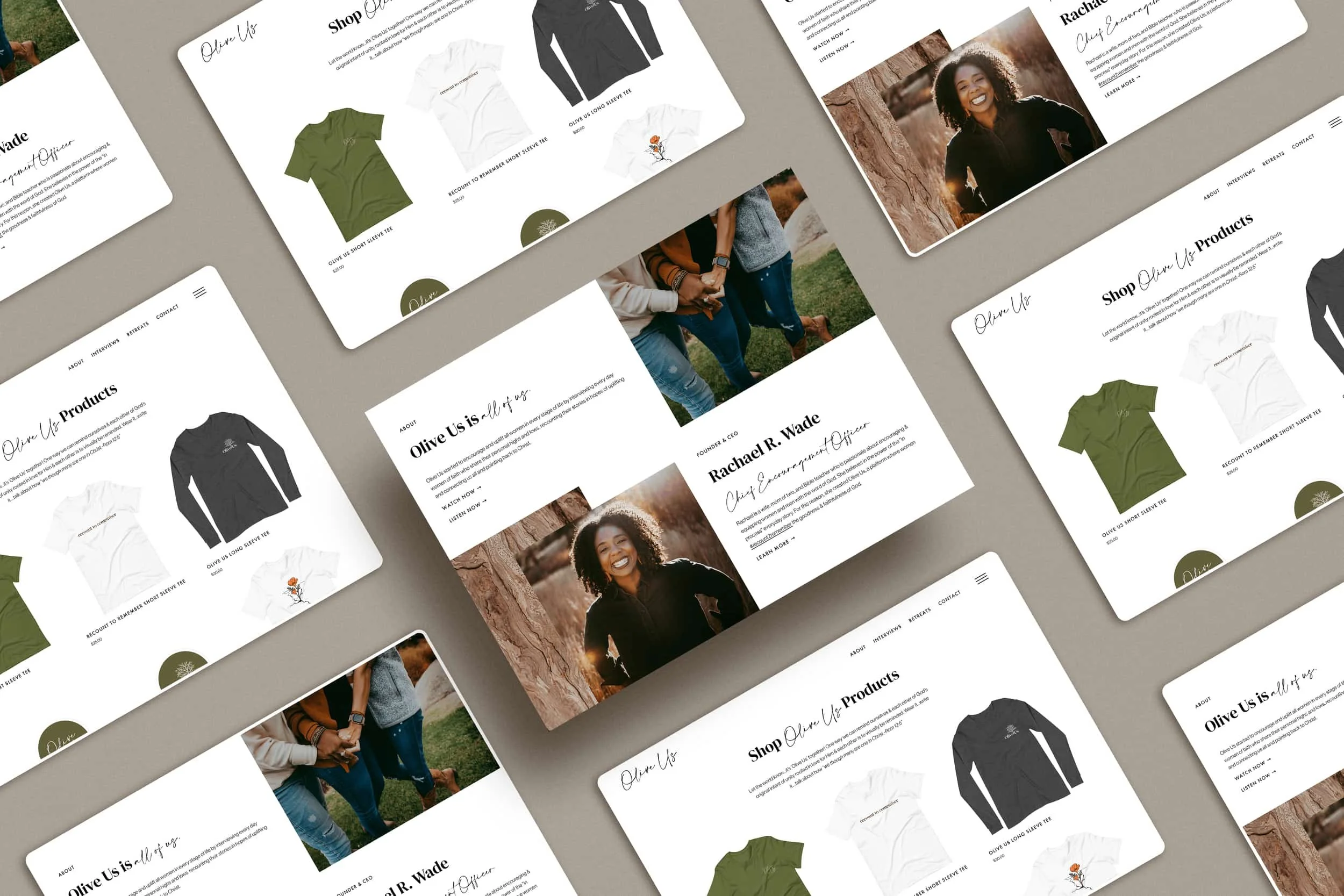 Flat lay of multiple website mockups displaying clothing items, a smiling woman, and site sections with clean, minimalist design.