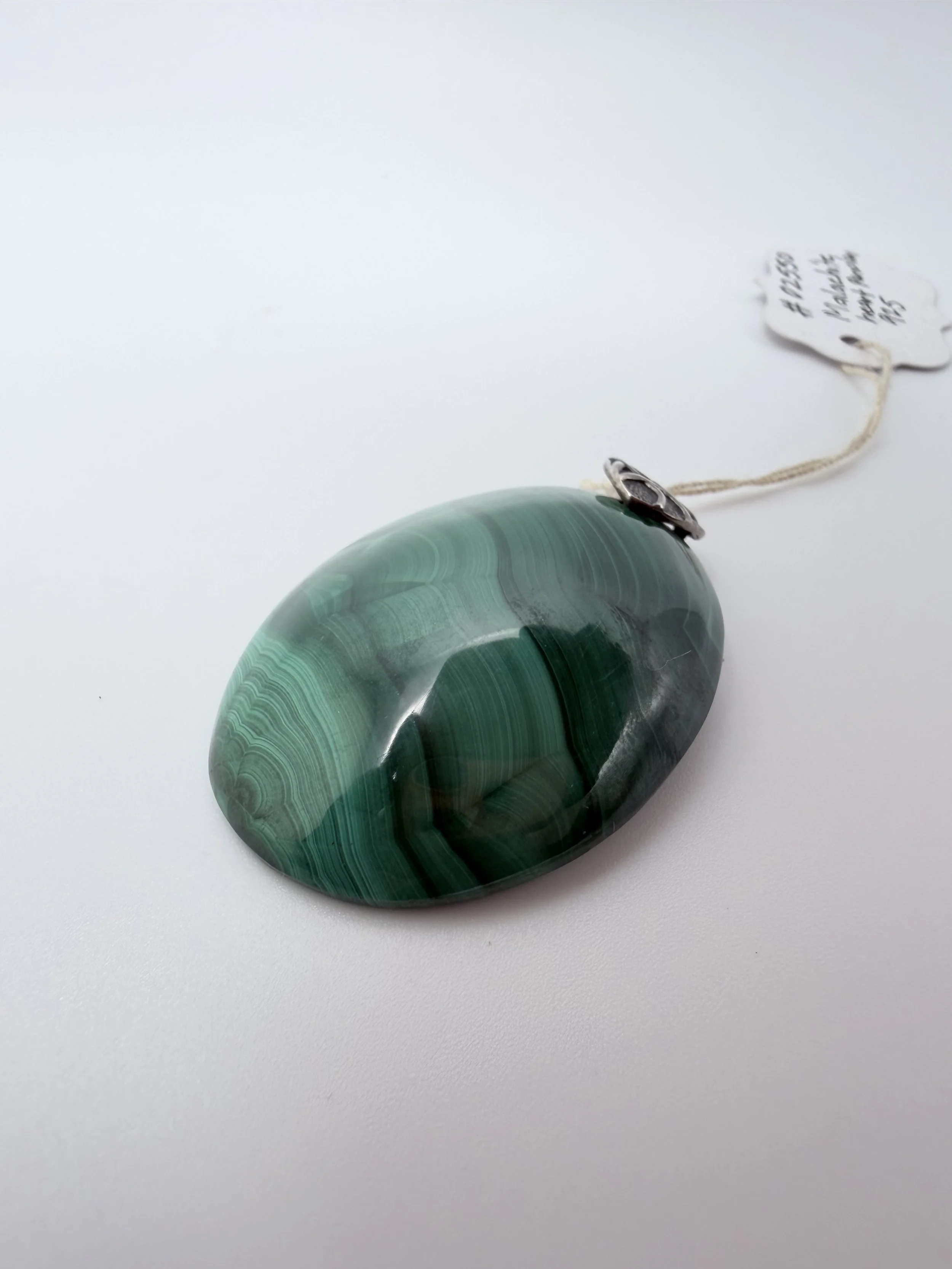 Oval Shaped Malachite Pendent with 925 Silver Heart Accent