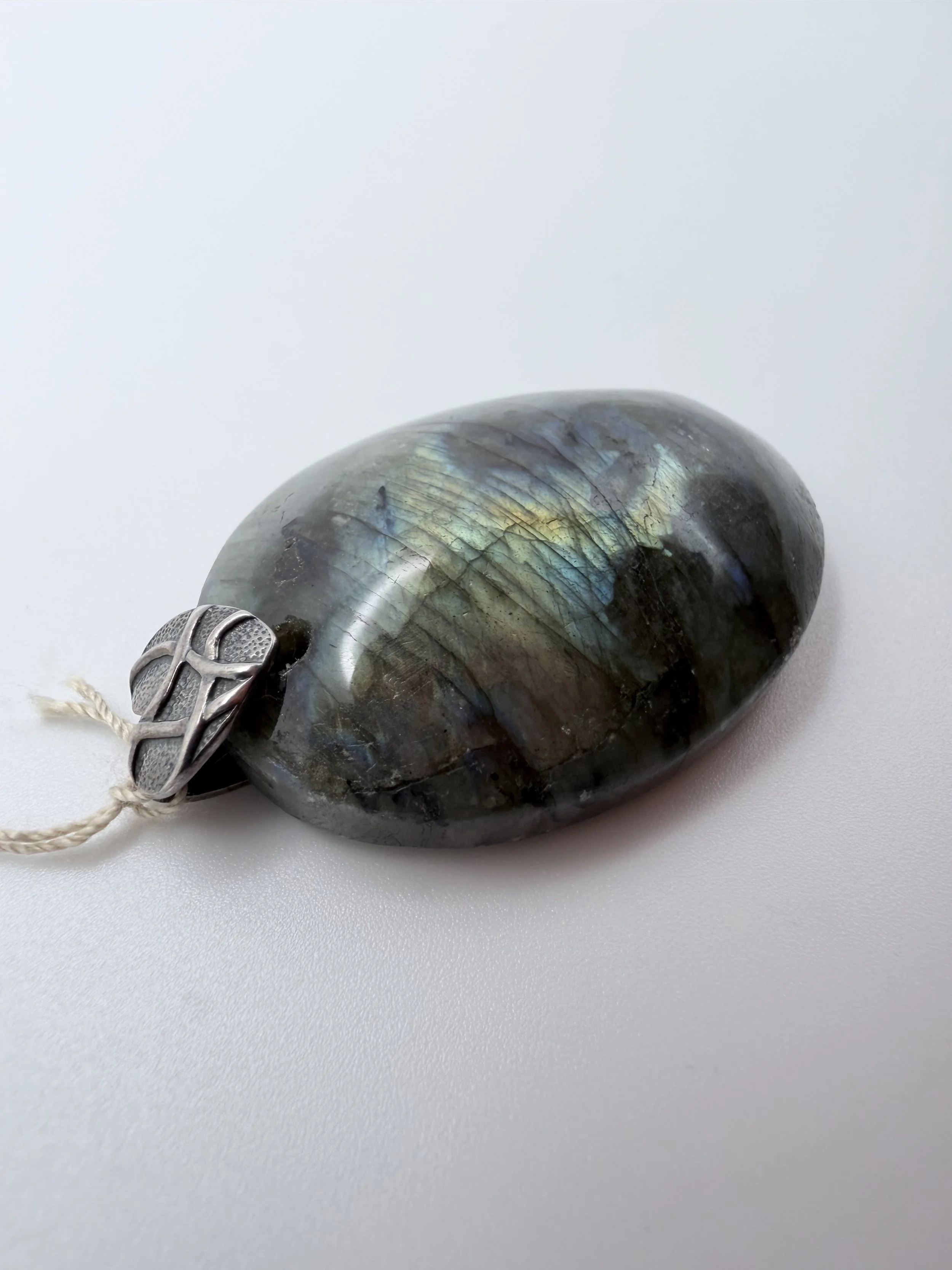 Oval Shaped Labradorite Green Pendent with Sterling Silver Heart Accent